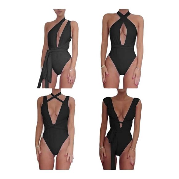 Lilosy Womens Black Halter Deep V-Neck Wrap Tie Waist One-Piece Swimsuit Size L - Picture 11 of 14